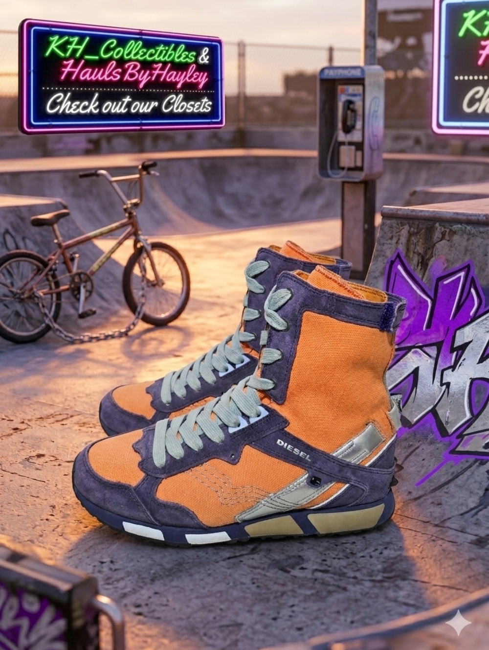 2003 Diesel Kadette Y2K High Top Sneakers Orange Purple Women’s 6 Vintage